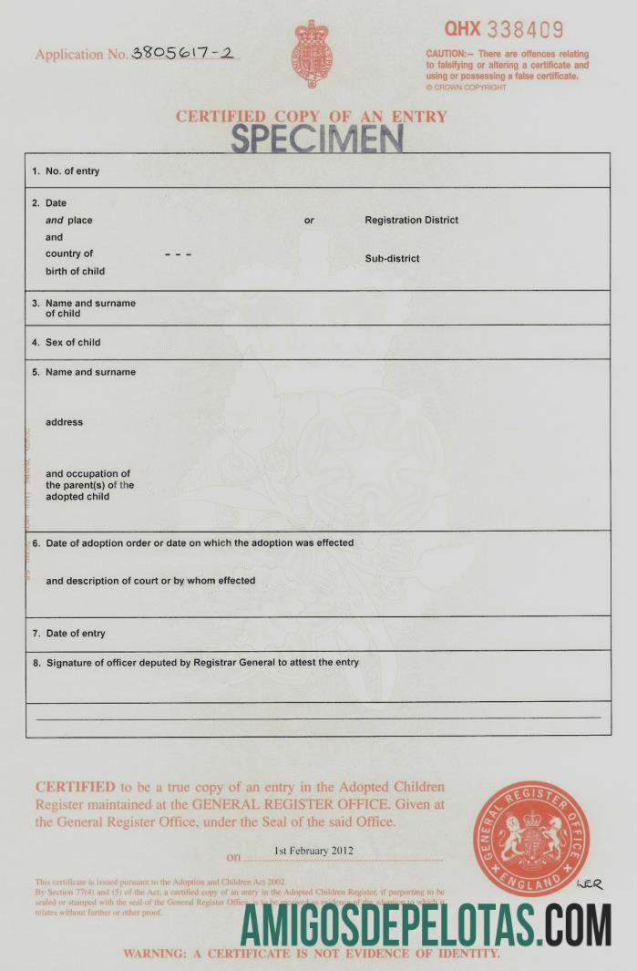 Certificado de Adoção do Registro Geral da Inglaterra amostra